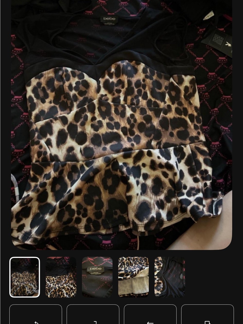 bebe Black and Brown Leopard Print Peplum Top